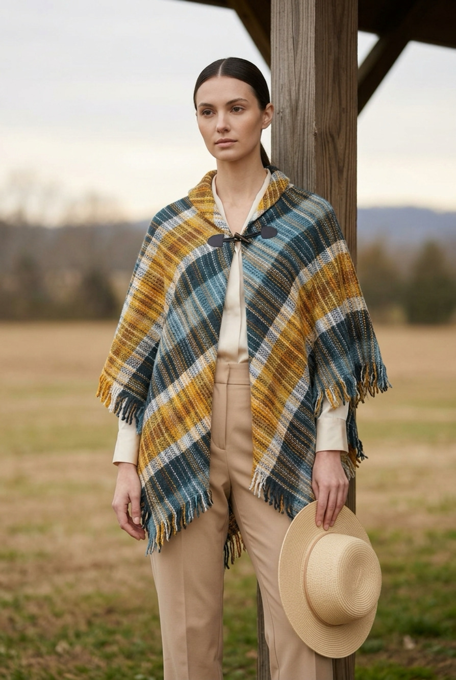 Marc New York Andrew Marc Plaid Poncho One Size Multi-Color Fringe Wrap